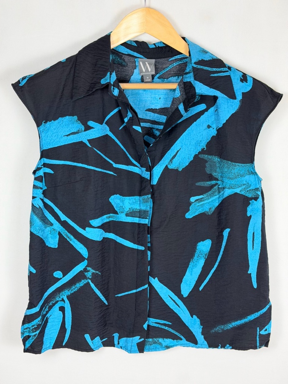 Worthington Medium Abstract Teal Black Artsy Tencel Blouse Sleeveless Collared
